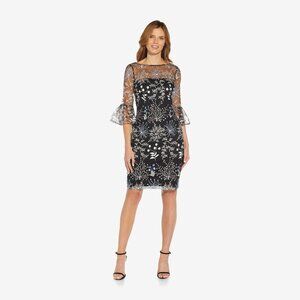 Adrianna Papell Embroidered Three Quarter Sleeve Short Sheath Dress With Bell Sl